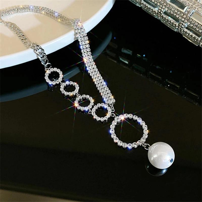 Light Luxury Temperament Full Diamond Large Circular Pearl Necklace Design Sense Splicing Collarbone Chain Women Sexy Jewelry