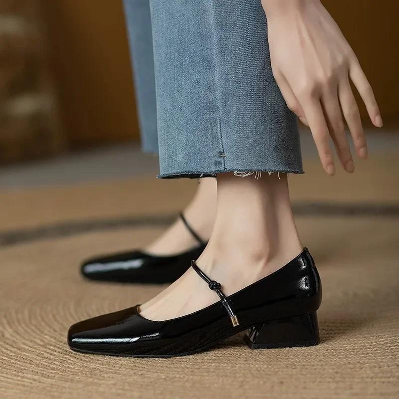 Buty Mary Jane Bordowe Kwadratowy Nosek Skórzane Buty Damskie Retro Lakierowane Buty Chaussure Femme Czółenka na Niskim Obcasie
