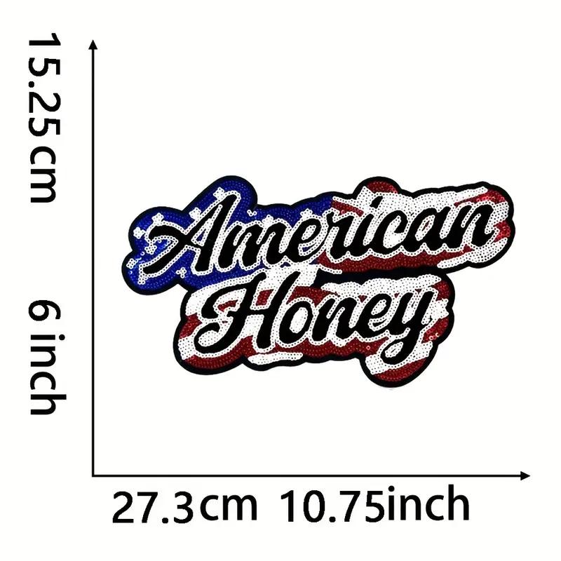 American Honey Embroidery Patch Iron on USA Flag Sequin Applique Western Style Letter Patch for Jacket Hat Jeans Clothing Decor 27.3*15.25cm
