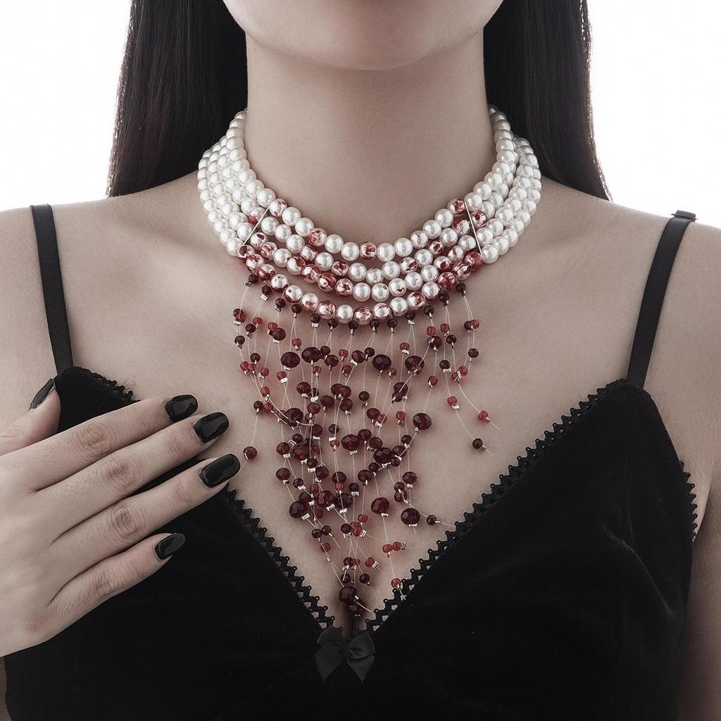 Gothic Blood Drop Tassel Pearl Choker Necklace