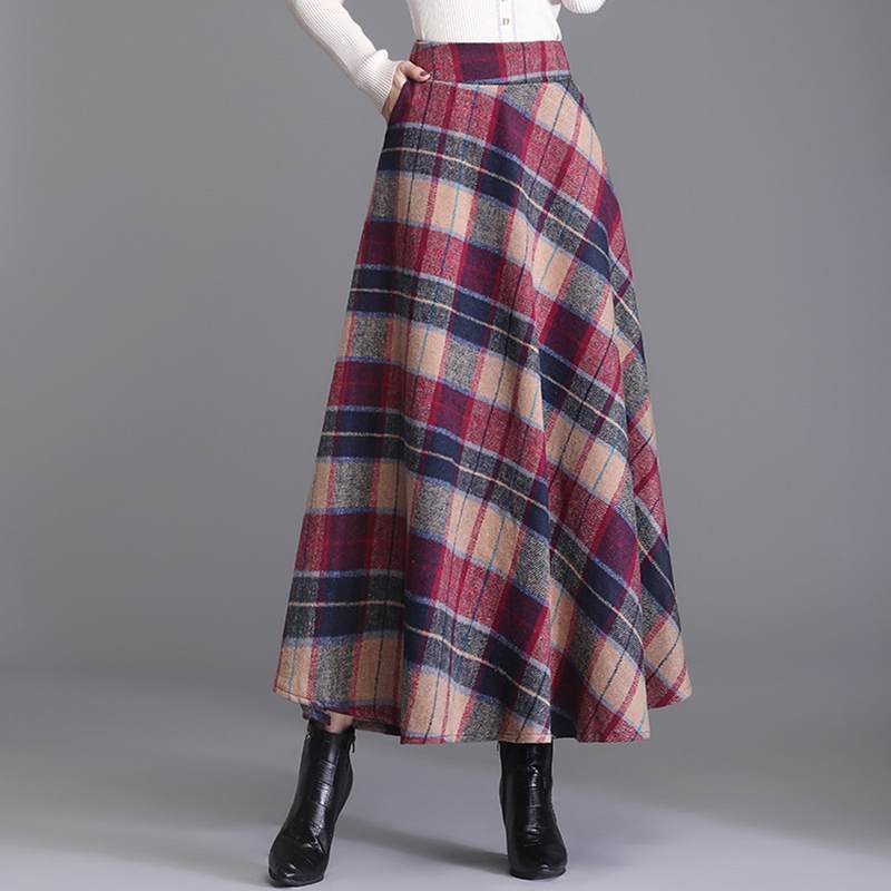 Plaid Print High Waist Skirt Casual Ruffle Hem Midi Skirt Women's Clothing