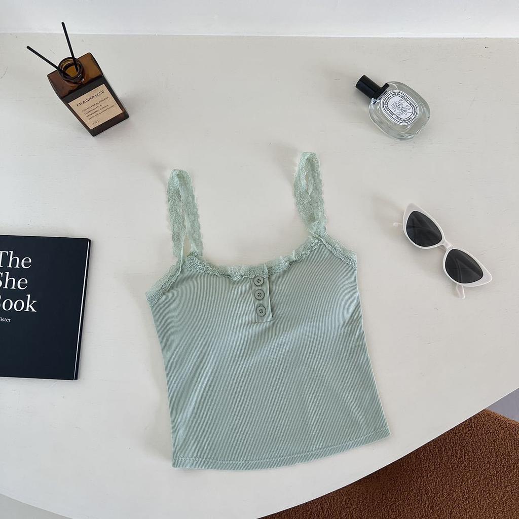 Camiseta sin mangas acanalada de encaje, Tops cortos con cuello Halter para mujer, camisola con botones, camisola con espalda al aire, chaleco recortado sin mangas de tubo de punto a la moda para mujer