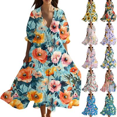 Damen Sommer Mode V-Ausschnitt Retro Blumenmuster Kurzarm Strandkleid Mit Spitze Patchwork Kleid