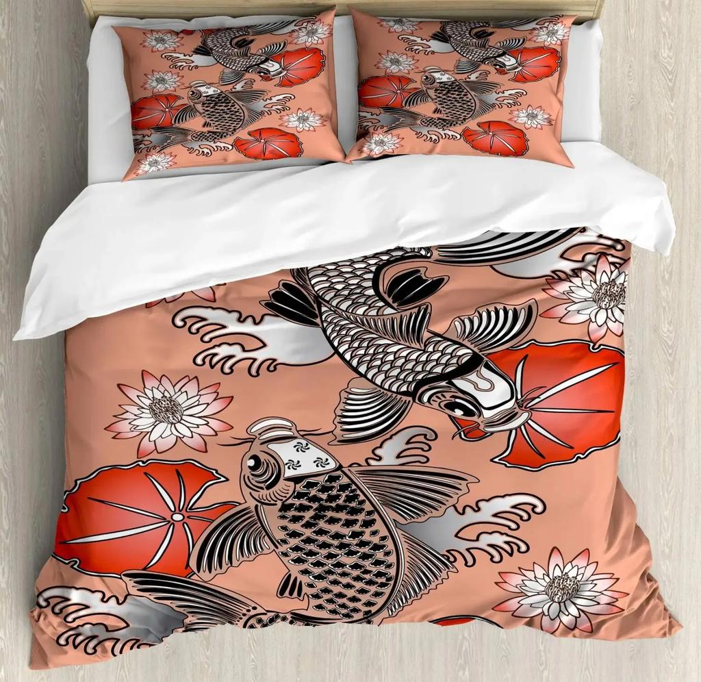 Japanese Duvet Cover Set,Girl In Traditional Dress and Cultural Patterns Antique Eastern Collage Bedding Sets Full,Brown Cream