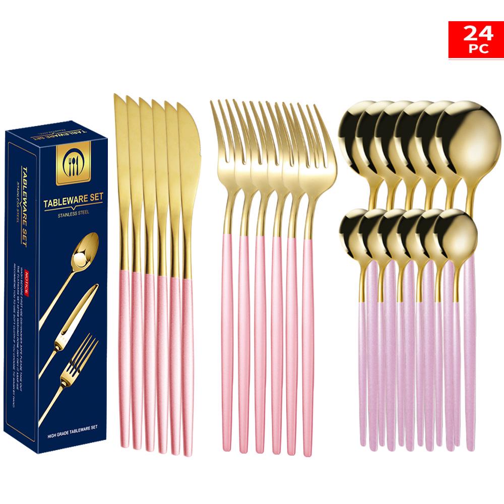 Set tacâmuri din oțel inoxidabil Portugal Gold, 24 de piese: Cuțit de Steak, Furculiță, Lingură de Hotel în Cutie Cadou