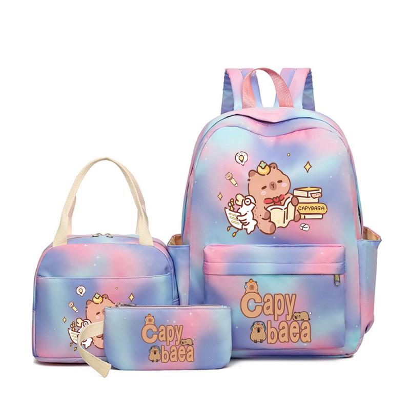 Capybara Cartoon Kids School Backpack Set With Pencil Case Lunch Bag - Large Capacity Breathable Waterproof Oxford Fabric