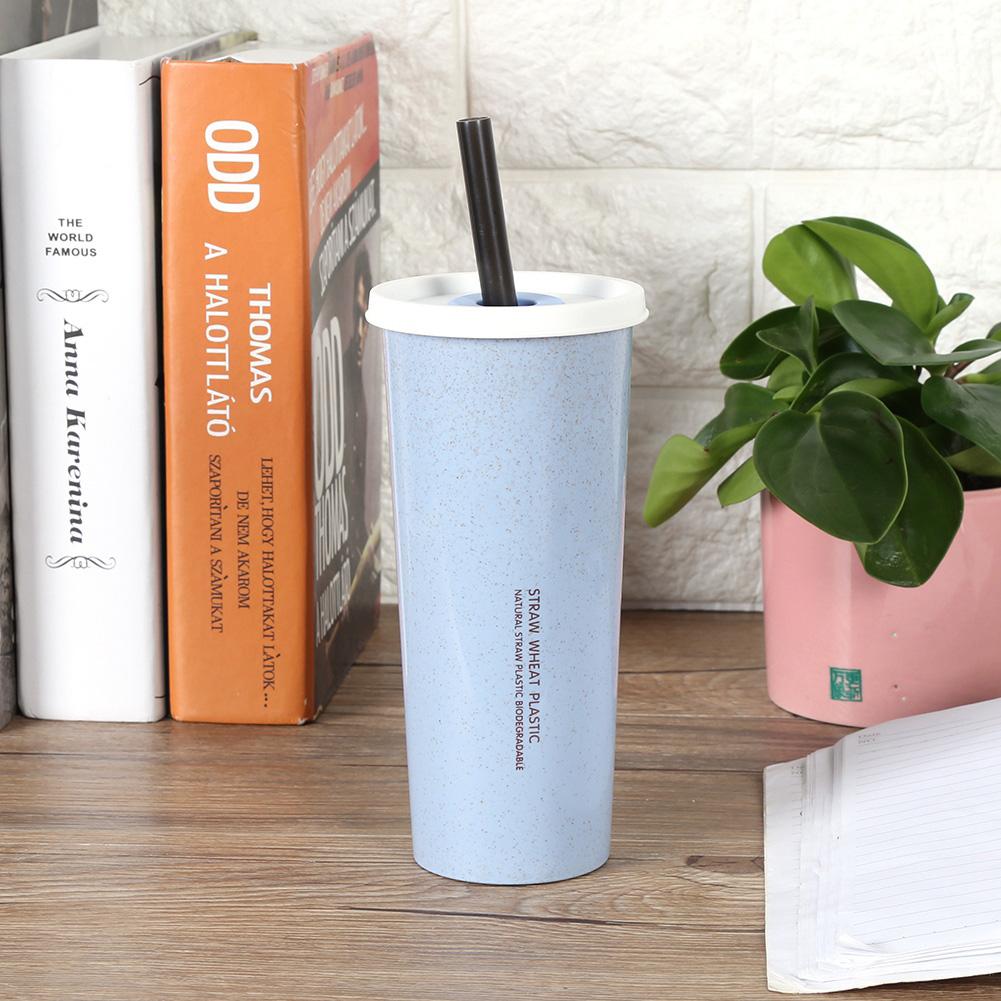 470 ml Wheat Straw Water Cup with Straw Multi Functional Double Lid   Coffee Mug Pink