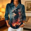 Women's Button Down Three-Quarter Sleeve Halloween Print Shirt with Collar