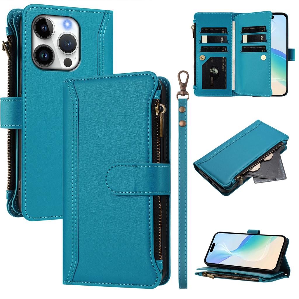 For iPhone 16 Pro Leather Case 9 Card Slots Zipper Wallet Stand Phone Cover with Wrist Strap