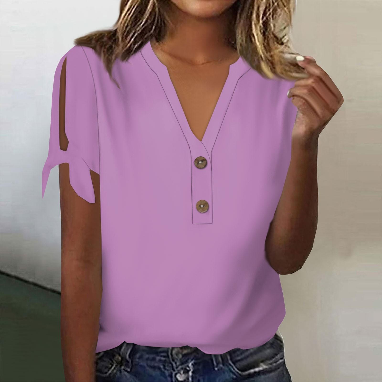 

Женская модная летняя футболка с v-образным вырезом и бантом с коротким рукавом, однотонная футболка на пуговицах, топ XXXL фиолетовый