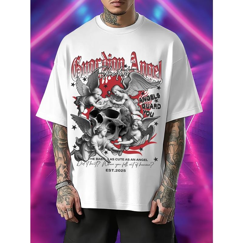 

European sizes Men S Y2K Angel And Skull Graphic Print T-Shirt 4XL