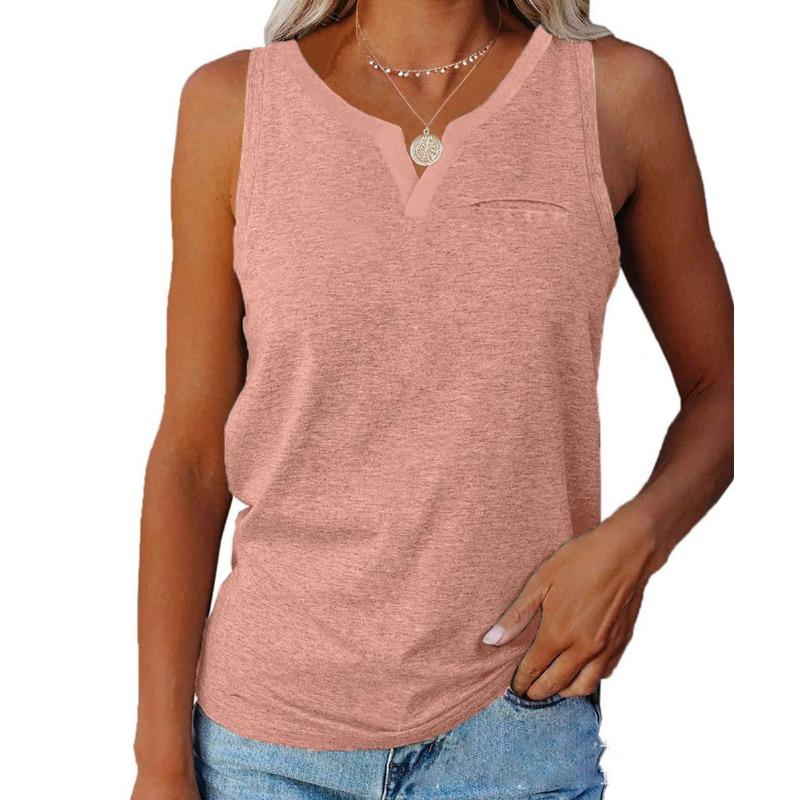 

Spring Summer T-shirt Fashion Sleeveless Vest with V-neck Pocket Loose Casual Plus Size Top Women S розовый