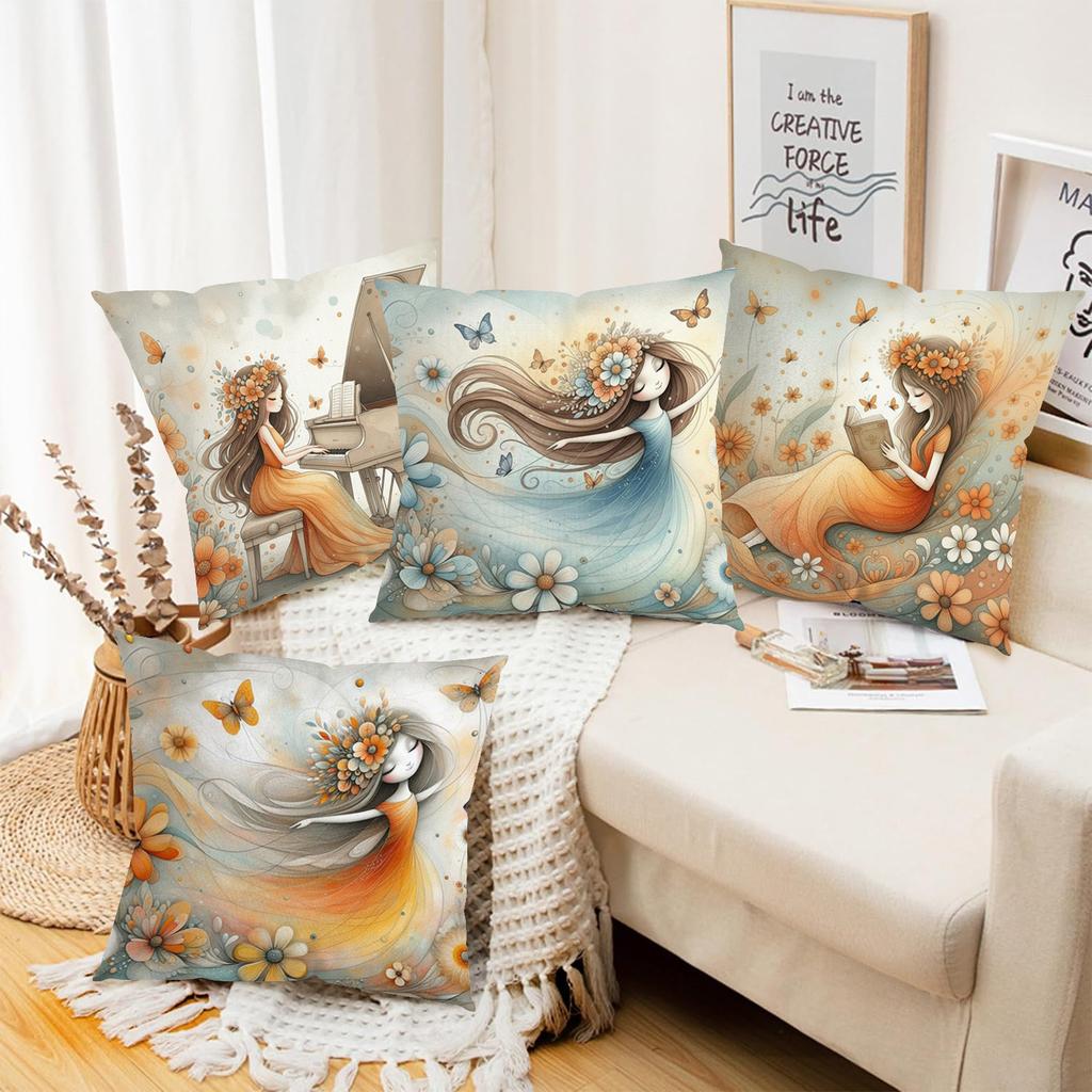 2D flat printing Girls with Flowers Design Decorative Throw Pillows Polyester pillowcase, sofa decorative cushion cov