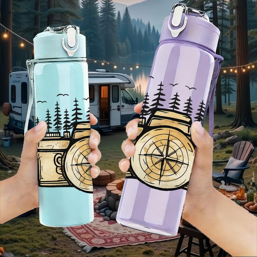 1PC Vintage Forest Compass 750ml Color Plastic Sports Water Bottle Leakproof Flip Straw Lid Suitable for Sports Office Home Use