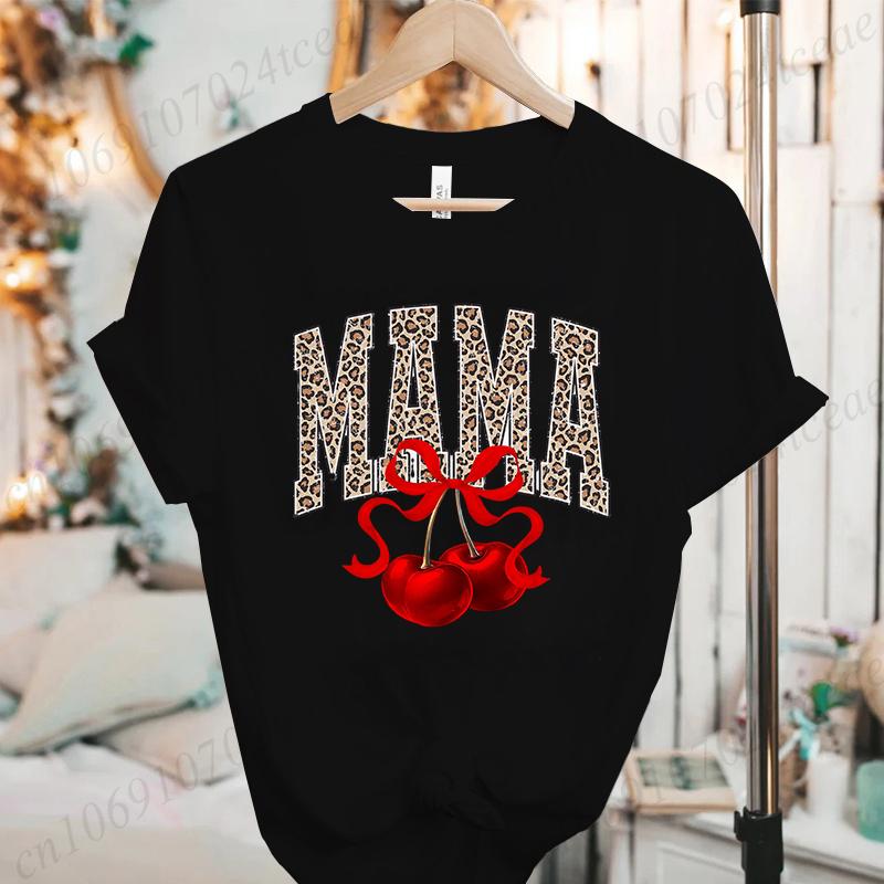 Women Fashion T Shirt Cherry Mama Print Girl Funny Tops Womens Casual TShirt Tops Cherry Bow Mama Tee Aesthetic Mom Clothes S