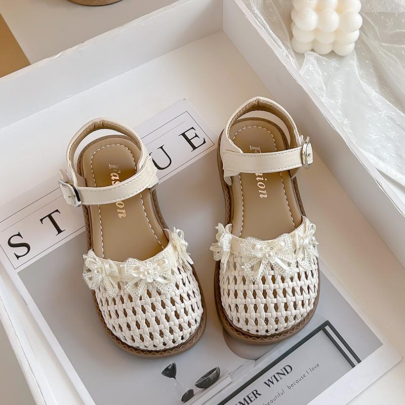 

Girls woven hollow sandals for toddlers, young children, and older children2026Summer Cute Pearl Bow Princess Sandals 23Inner Length15.2cm бежевый
