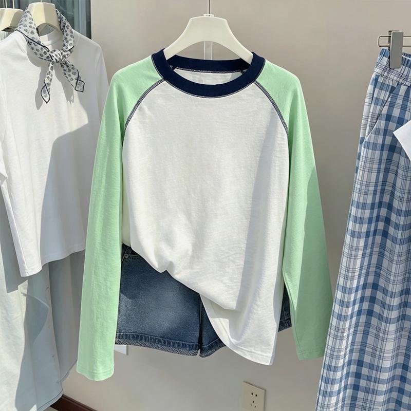 Korean Girls' Long-Sleeve Sun Protection Color Block T-Shirt - Summer Loose Fit for Medium & Large Children