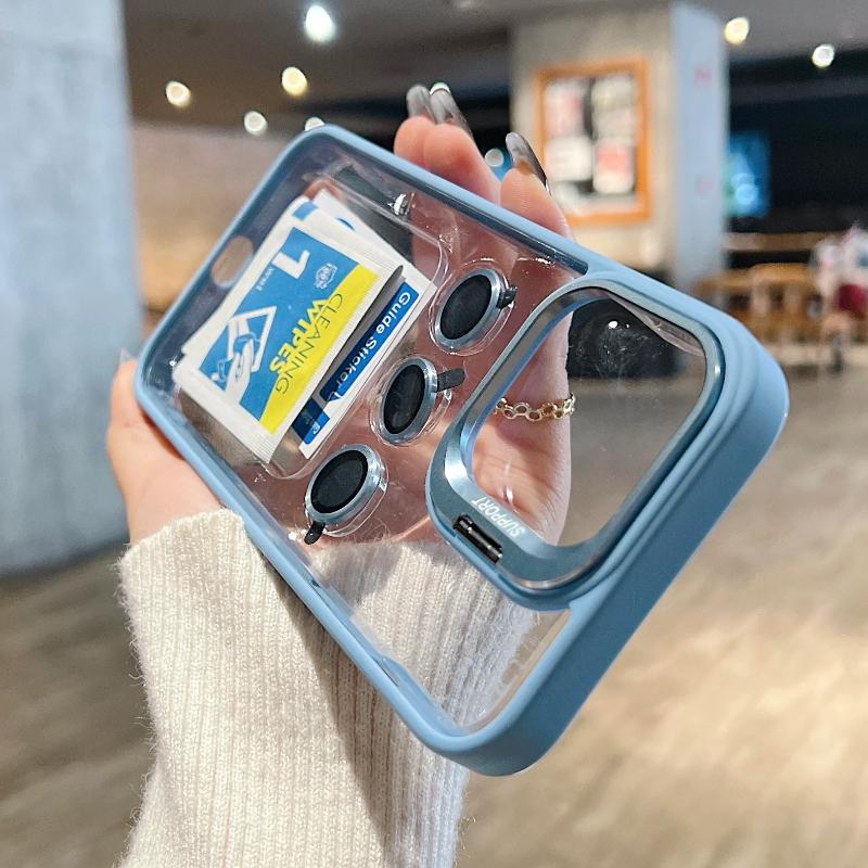 Transparent Bumper Shockproof Case For Apple iPhone 15 14 13 12 11 Pro Max 15 Plus Metal Camera Protection Ring Lens Stand Cover