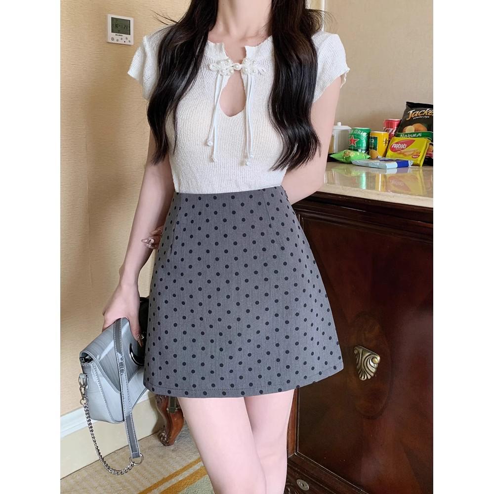 

Apricot Polka Dot Midi Bodycon A-line Skirt - High Waist Summer Fashion L