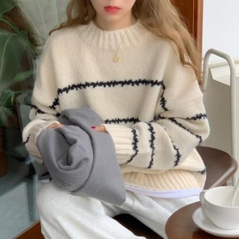 Retro Round Neck Loose Autumn Pullovers Sweaters Women Fashion Long Sleeve Striped Knitted Sweater Ladies Elegant Slim Jumpers Winter Clothing 25534