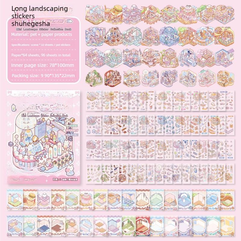 96-Sheet Miniature Scenery Sticker Book Collection Miniature Scenes Scenery Decoration Material Collection Book about90*135mm per sheet