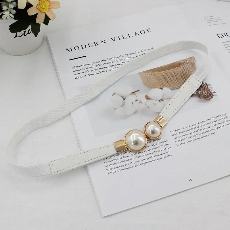 Elegant Double Pearls Buckle Elastic Women Belts Thin Straps Lady Girl Dress Skirt Decor Waistbands Trouser Dress Decoration