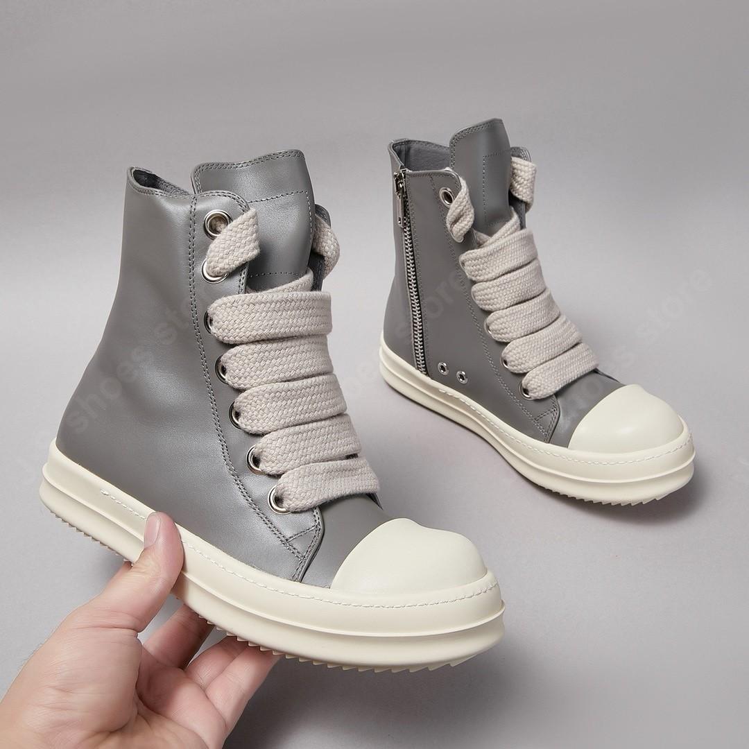 

R-o Luxury Men Sneaker Grey Leather High Top Shoe Women Boots Jumbo Laces Casual Shoes Gray Cowhide Sneakers Ankle Boot 48 серый