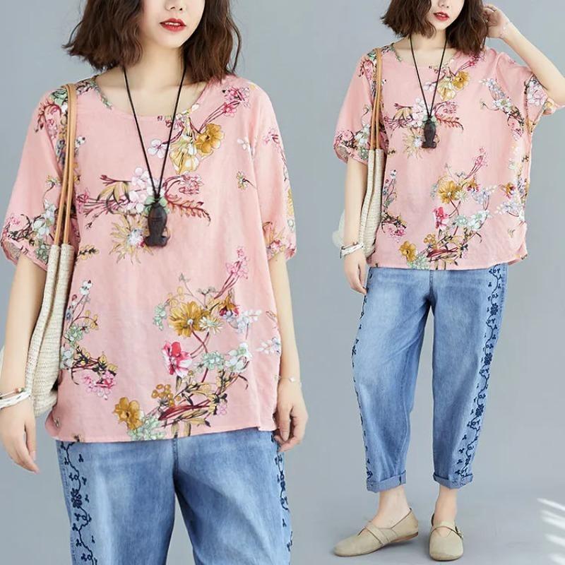 Women Vintage Floral Printed Loose Round Neck Short Sleeve Casual Tops
