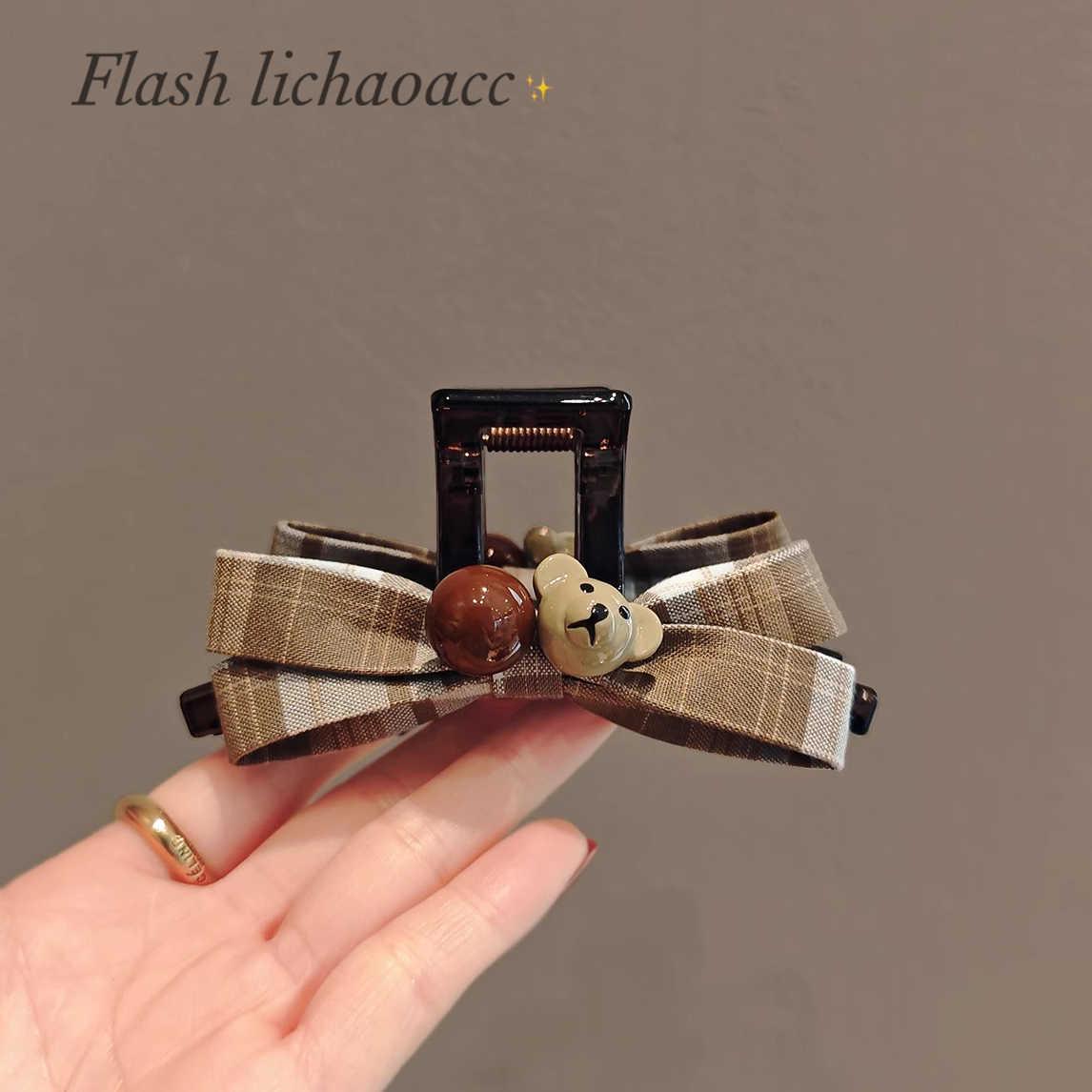 Korean Style Large Bear Plaid Bow Hair Clip - Cute Coffee Colored Versatile Claw for Women.
