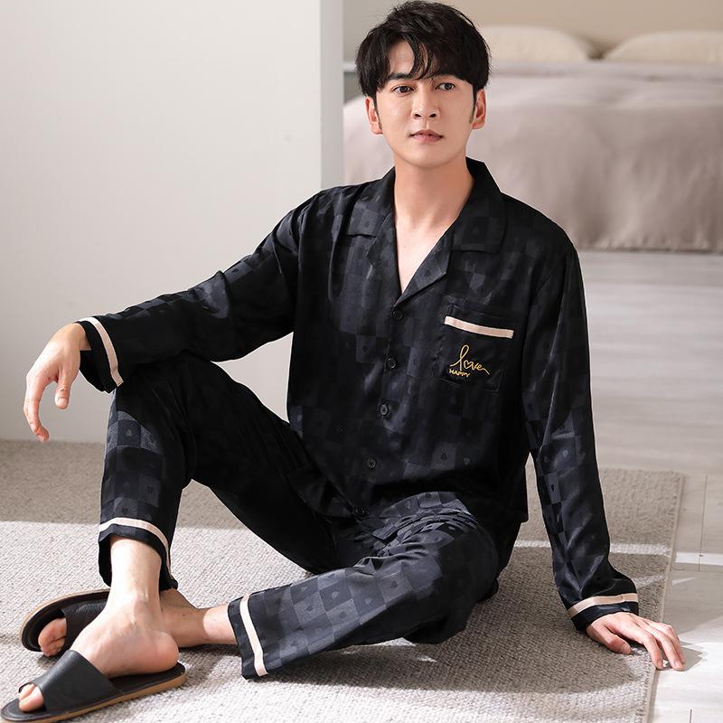 Couple Pajamas Women'S Ice Silk Long Sleeves With Chest Pads Loungewear Men'S Summer Can Wear High-End Suits