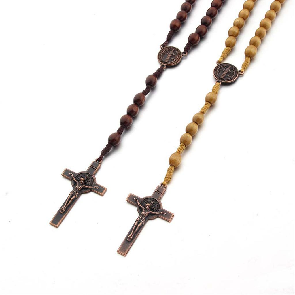 Wooden Beads Rosary Necklaces Christian Religious Cross Pendant Necklaces for Women Men Long Chain Jewelry Gift
