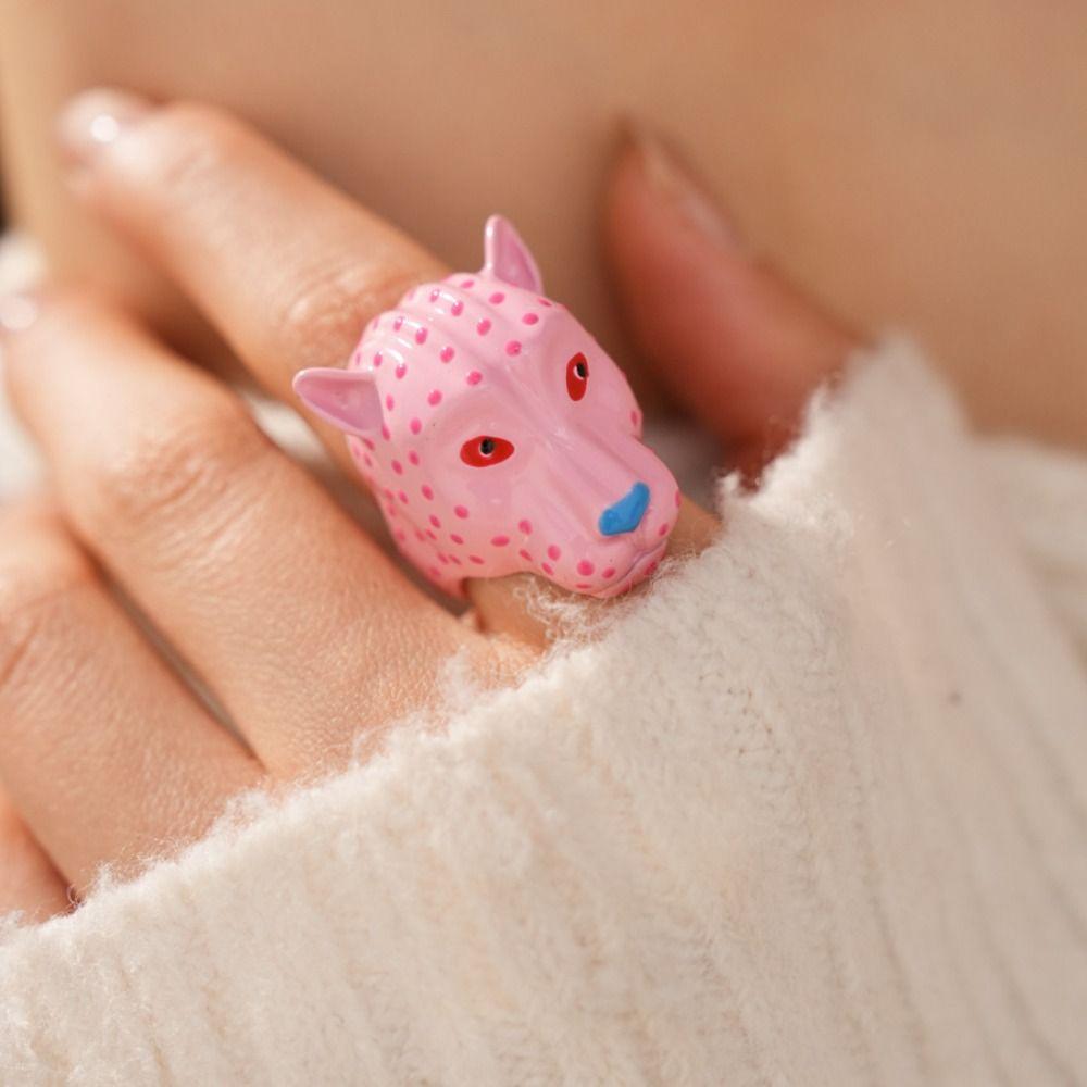 Metal Leopard Head Enamel Ring Wide Band Animal Ring Exaggerated Drip Ring Gifts for Women Girl
