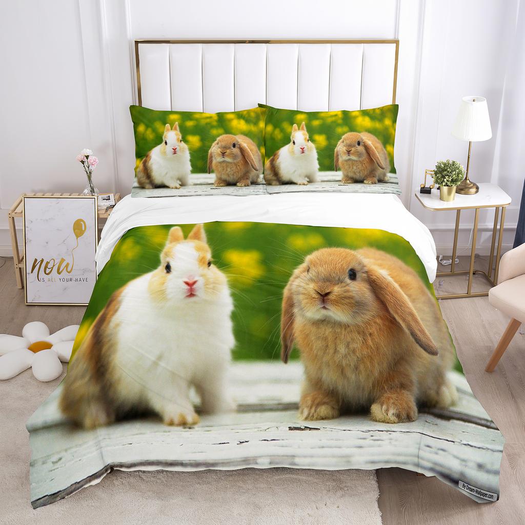 Rabbit Comforter Duvet Cover Set Lovely Little Rabbit Decor Bedding Set For Kid Girl Polyester Animal Theme King Comforter Cover