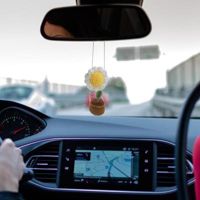 Accessoires de voiture Pendentif tournesol Fleur Tricoté Accessoires de rétroviseur Mignon Pendentif plante en pot Ne bloque pas la vue Laine