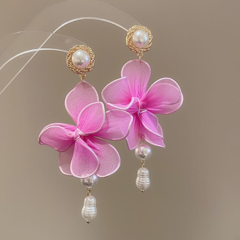 Silver Needle Chiffon Flower Tassel Earrings, Sweet Mori Style, Dopamine Trend, Versatile Women’s Earrings