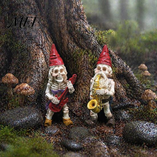 Skeleton Dwarf Band Figurines Halloween Gnome Musician Resin Figurine, Hand-Painted Gothic Statue with Guitar Collectible Musical Statues Saxophone,