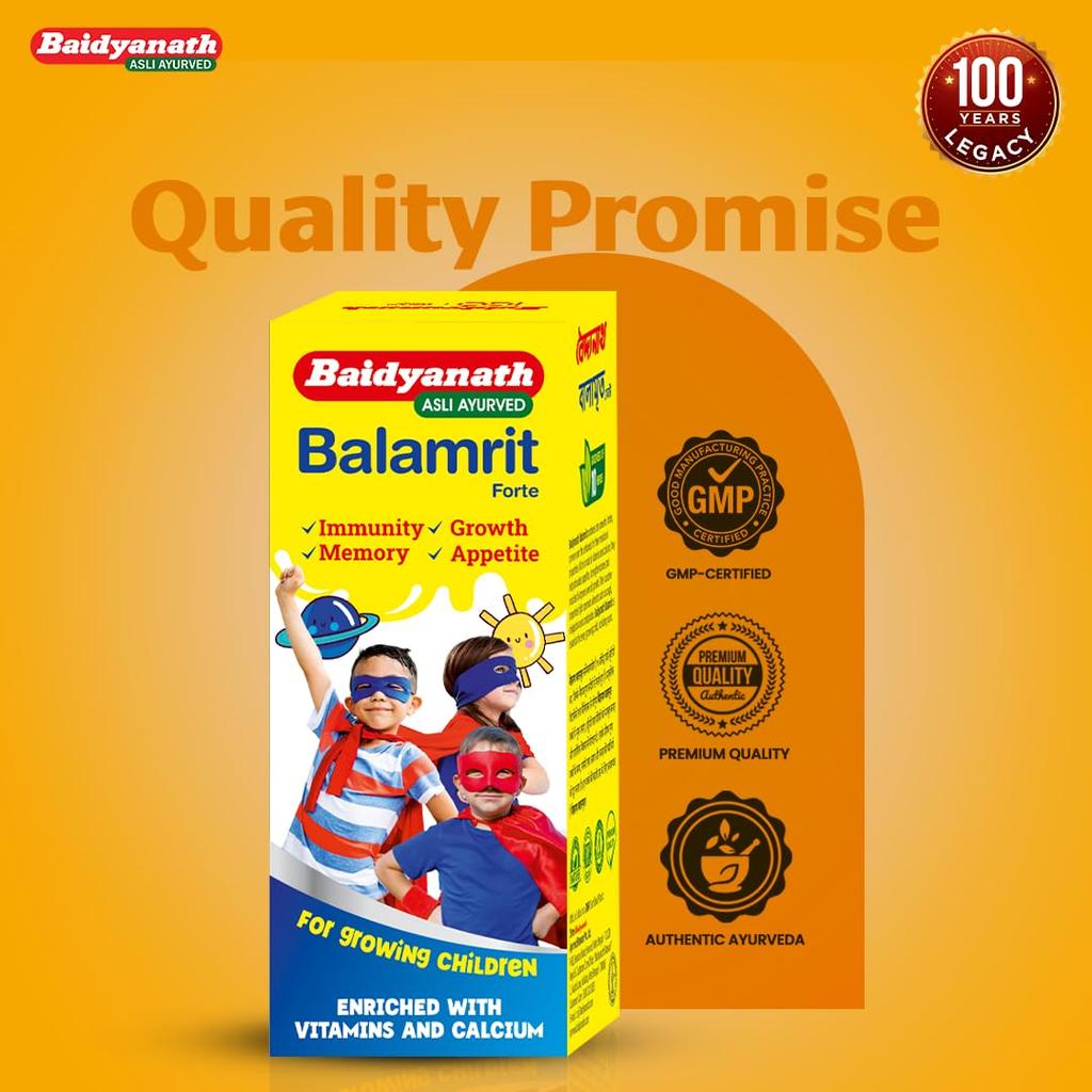 Baidyanath Balamrit Ayurvedic Kids Tonic 220 ml Herbal Growth Bone Strength Immunity Digestion Support 10 Herbs