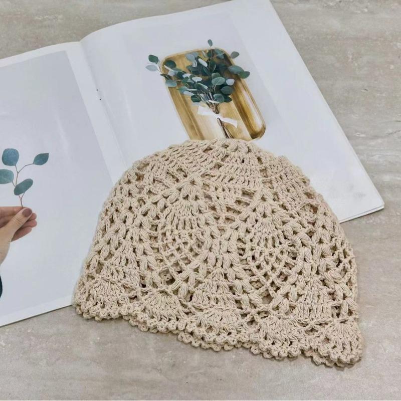 Pure Handmade Crochet Hollow Flower Bag Head Hat Women's Spring and Summer Thin Temperament Crochet Hat Versatile Pullover Hat