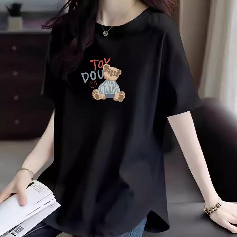 Curved Mid-Length Women's Cotton T-Shirt - Summer Cartoon Print Sleeve