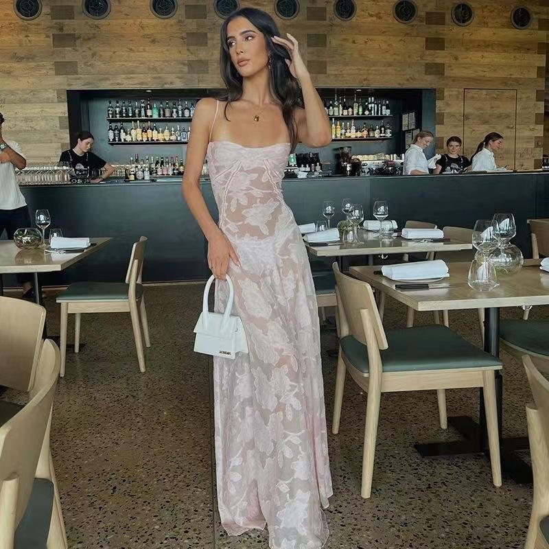 Frühling Sommer Damen Perspektive Urlaub am Meer Slim Fit Camisole Kleid Hohe Taille A Linie Hosenträger Blumendruck Langes Kleid