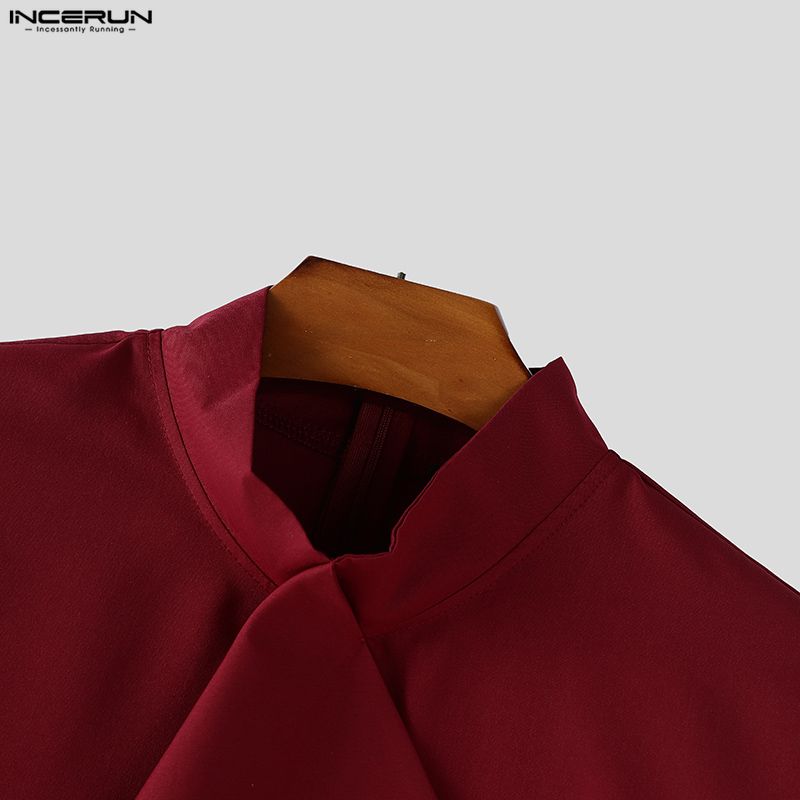 INCERUN Oversized Men Stand Neck Tie Up Long Sleeve Casual Loose Shirts
