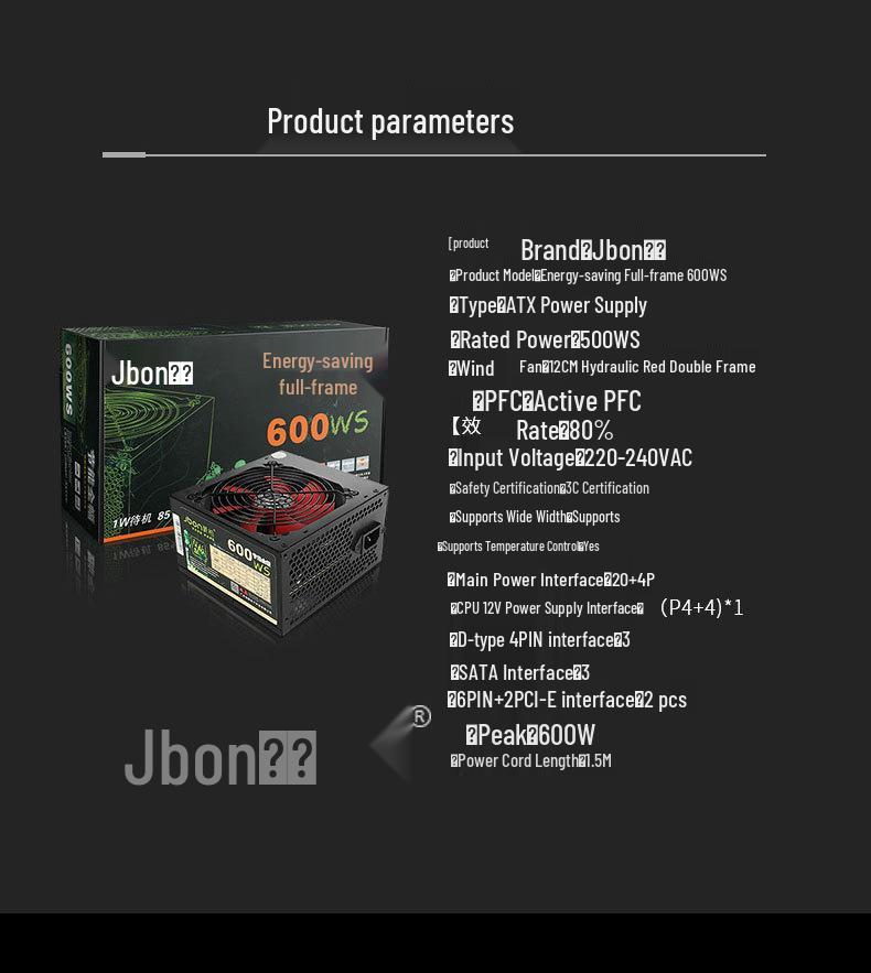 JAZPER 600W Silent Power Supply, Rated 500W, Dual 6-Pin, Back Wiring Support for Gaming PCs