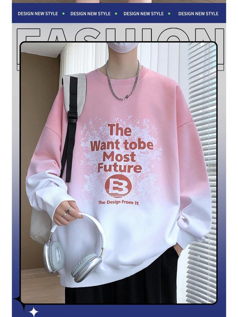 Youth Gradient Round Neck Hoodie - Trendy Hong Kong Style for Junior High Students, Autumn/Winter, 65% Cotton.