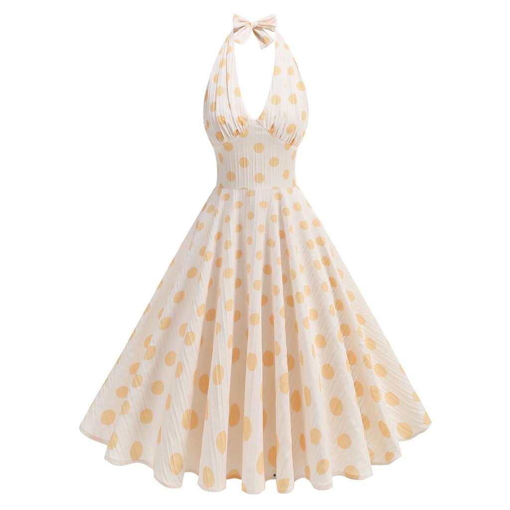 Women's Retro  High Waist Polka Dot Holiday Party Dress Neck Backless Sexy Midi Dress
