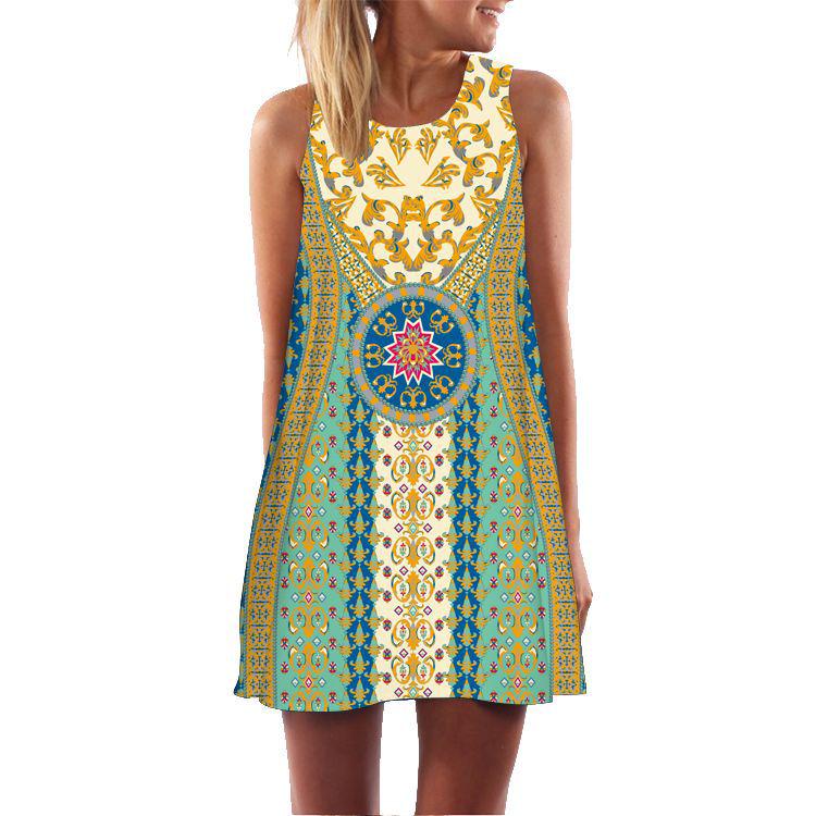 European and American New Retro Digital Printing Crew Neck Hot-selling Off-the-shoulder Medium and Long Vest Dress