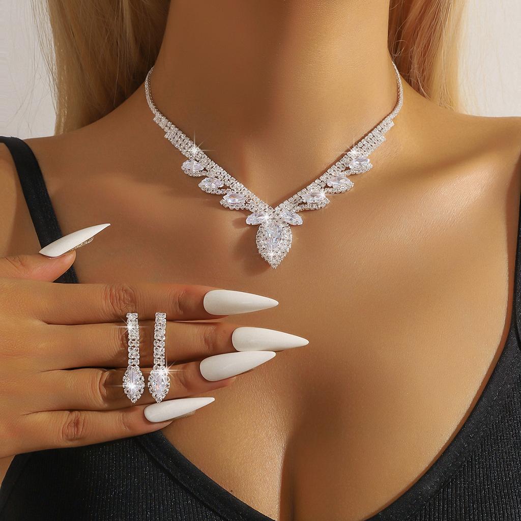 Luxury Jewelry Glass Zircon Wedding Party Necklace Earrings Set Dress Dress Dinner Clavicle Necklace