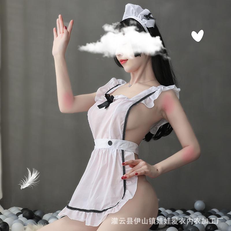 Internet celebrities shoot sex bow backless sexy female transparent seduction maid clothes maid one-piece suit