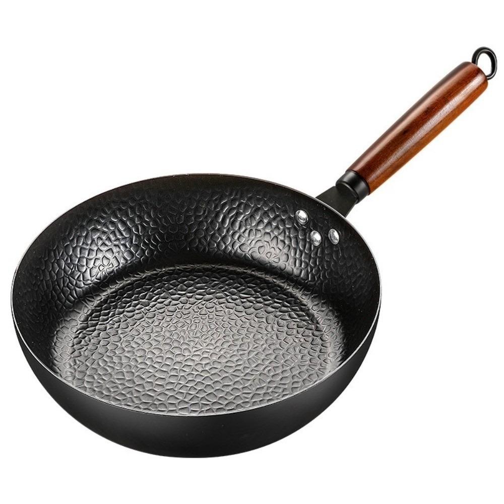 Wooden Handle Hammered Iron Wok Non Stick Steak Cooking Pot Thickened Frying Pan  Restaurant