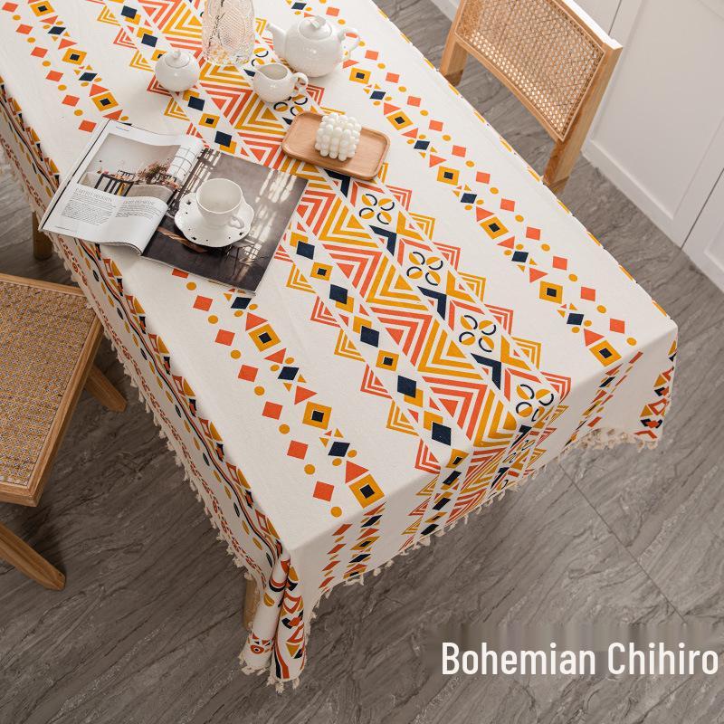 Bohemian Cotton Linen Tablecloth with Tassels – Ethnic Style, Waterproof & Oilproof, Wash-Free Rectangular Design