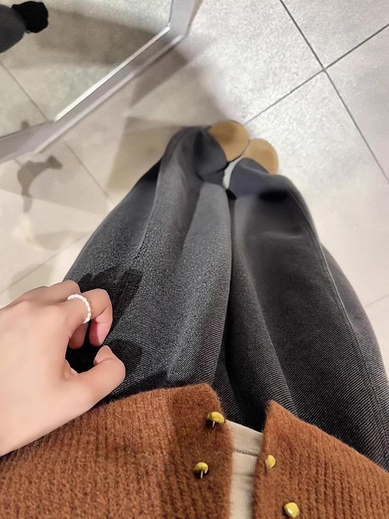 2025 Women's High Waist Grey Woolen Wide Leg Pants - Winter Plus Velvet, Loose Fit, Pear Shaped Body Slimming